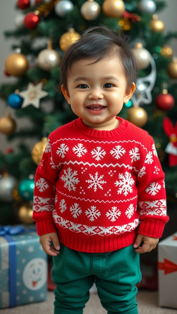 Toddler Christmas Outfit for Sims 4 A toddler wearing a red Christmas sweater with snowflakes and green pants, smiling in front of a decorated Christmas tree.